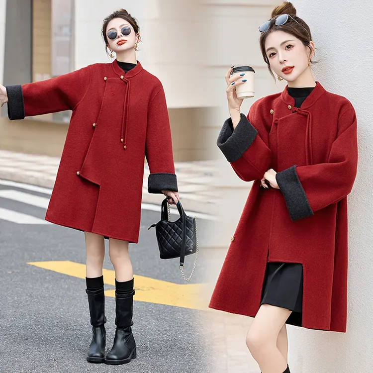 中长款两面穿毛呢外套2025秋冬新款气质洋气时尚红色呢大衣宽松