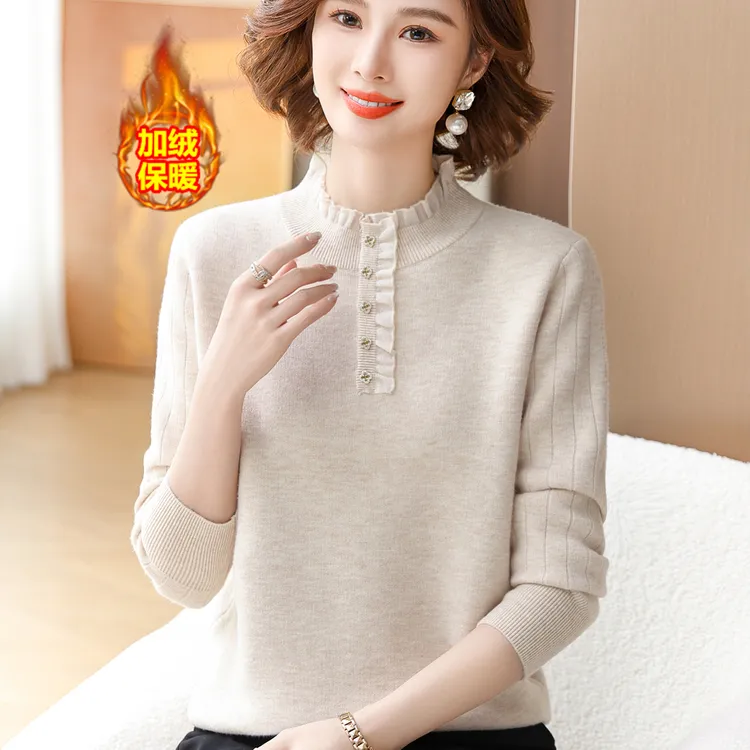2025年妈妈秋冬小香风毛衣一体绒针织打底衫中老年女加绒加厚上衣