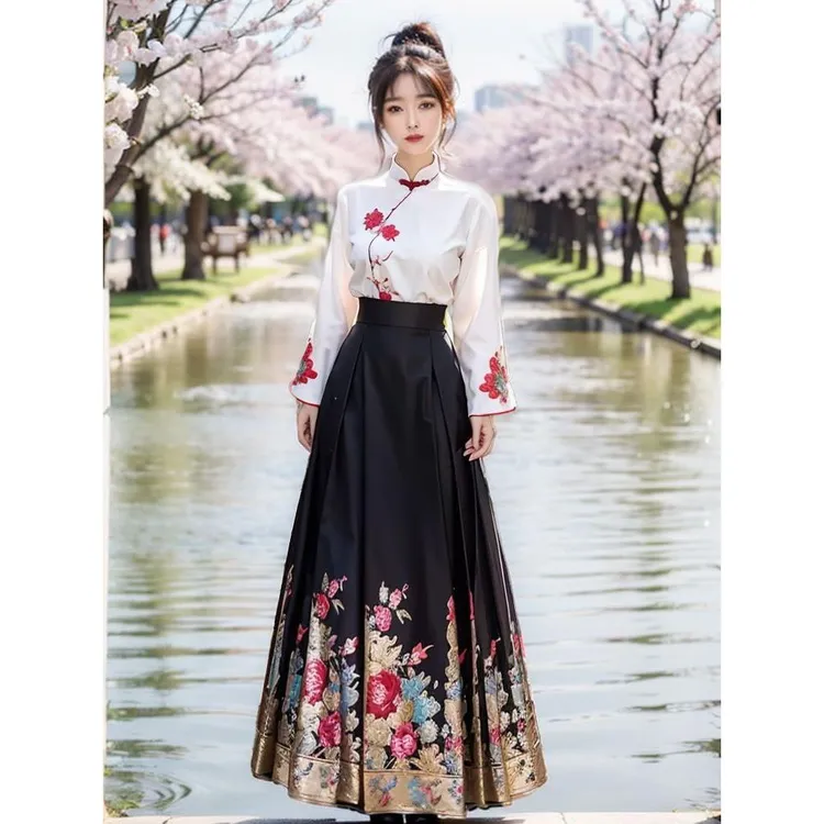 绣花上衣马面裙套装2025春秋新款新中式复古日常可穿时尚两件套女