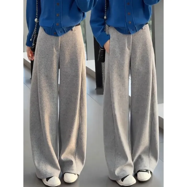 迷雾灰羊毛呢阔腿裤女秋冬季裤子2025新款加绒加厚休闲慵懒直筒裤