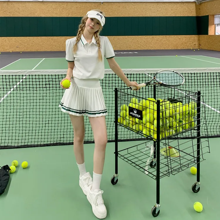 学院风套装女夏季新款休闲运动白色网球翻领t恤高腰百褶裙两件套
