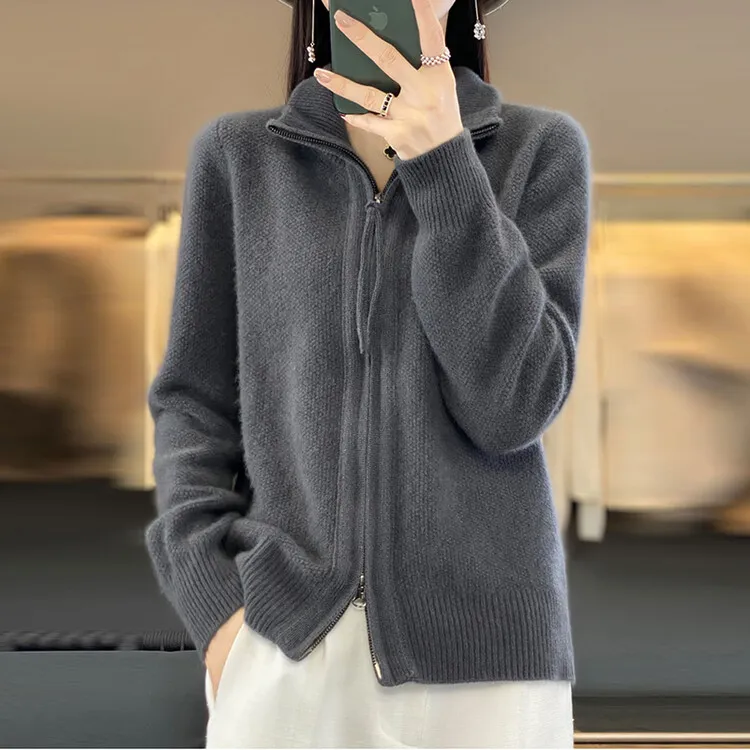 鄂尔多斯市春秋羊绒衫开衫宽松加厚拉链羊毛衫毛衣女早春外套