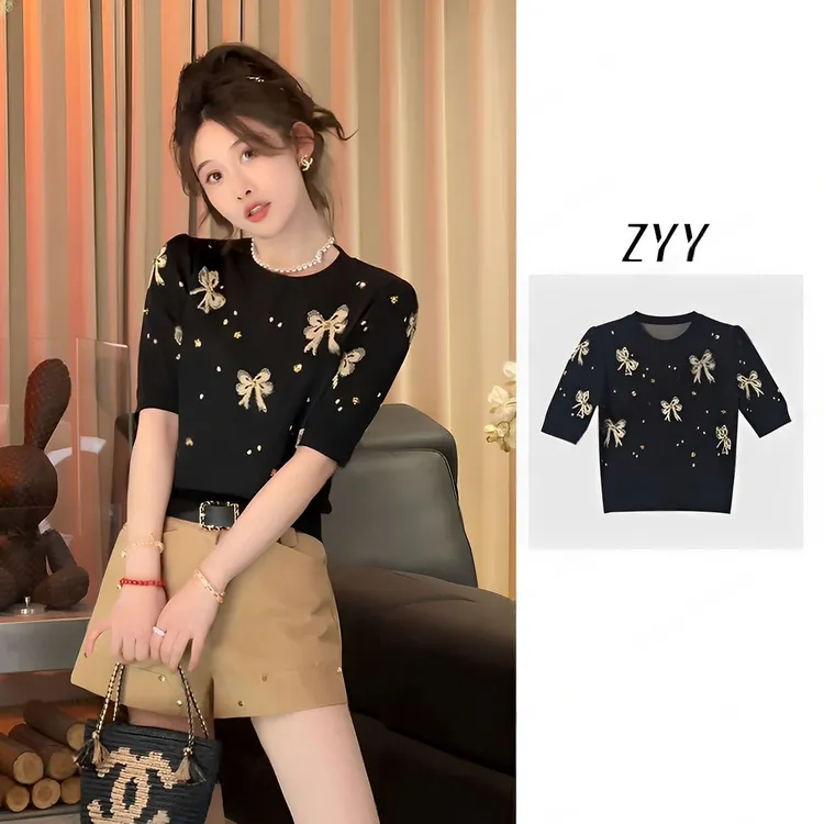 ZYY【星河叹】2025S/S新品复古重工钉珠亮片蝴蝶针织短袖女X25CT323