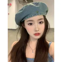 牛仔贝雷帽女水洗做旧韩系复古大头围八角蓓蕾画家帽