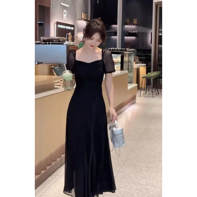 轻熟赫本风黑色雪纺连衣裙2025夏季新款精致御姐风法式礼服长裙女