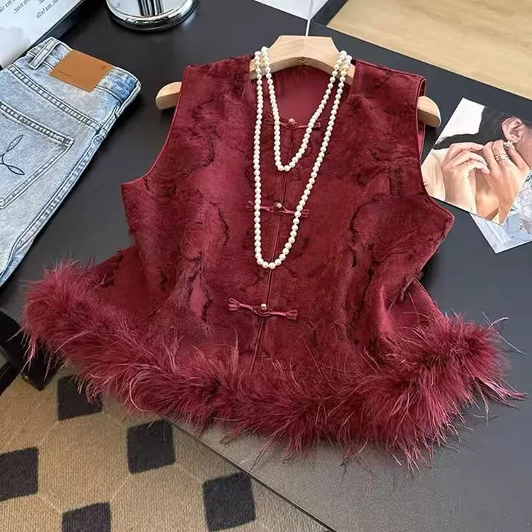 【加棉加厚】新中式国风红色提花马甲2025秋冬新款鸵鸟毛拼接上衣