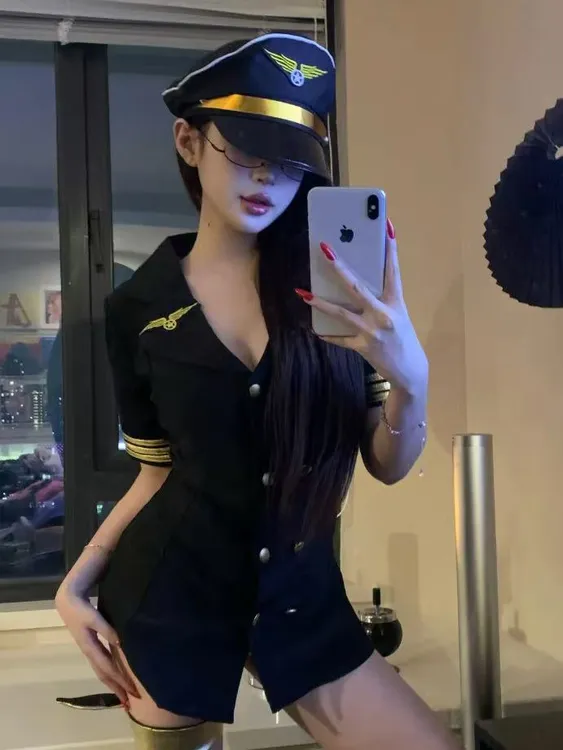 【美美爱】高级感显瘦空姐风剧情连衣裙黑色气质辣妹双排扣短款睡群