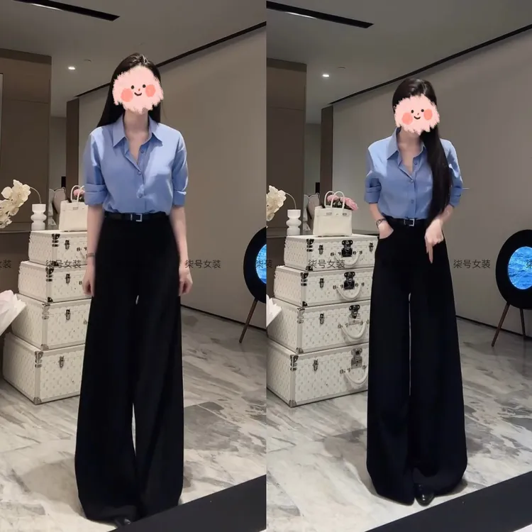 2025早秋新款时尚气质慵懒宽松显瘦衬衫上衣高腰阔腿长裤两件套女