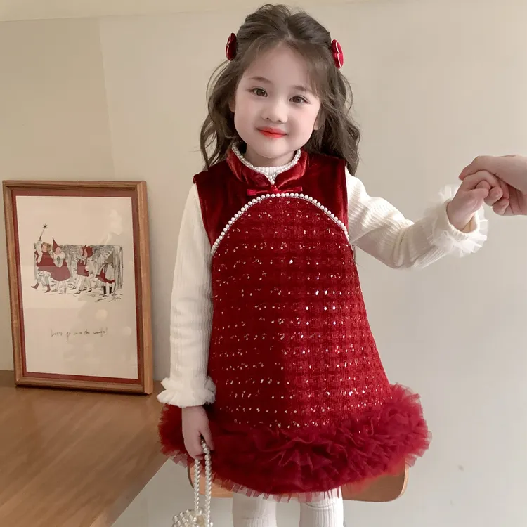 女童新中式红色连衣裙2025新款儿童秋冬季加厚立领网纱拼接拜年服