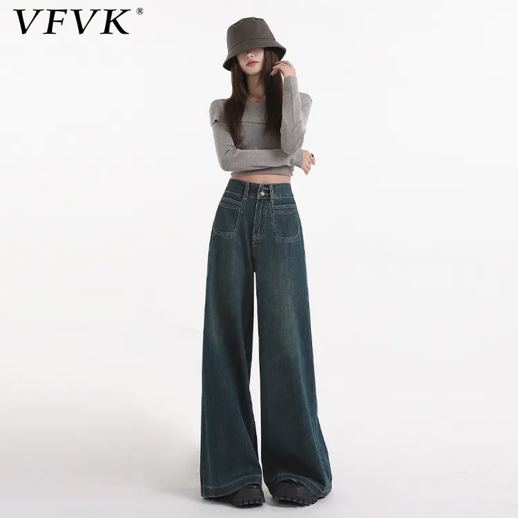 vfvk直筒牛仔裤女秋季小个子复古蓝梨型身材裤子宽松新款阔腿裤女