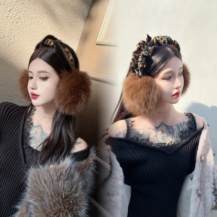 CREAMPP 原创欧美复古黑棕豹纹褶皱蝴蝶结貂毛花苞质感狐狸毛耳罩