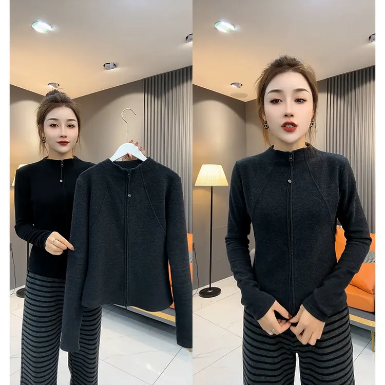 爆款秋冬德绒简约运动风立领拉链开衫女灰色修身百搭显瘦长袖上衣