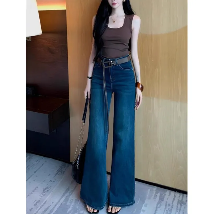 美式复古做旧水洗垂感牛仔裤女秋季大码修身显瘦百搭不贴腿喇叭裤