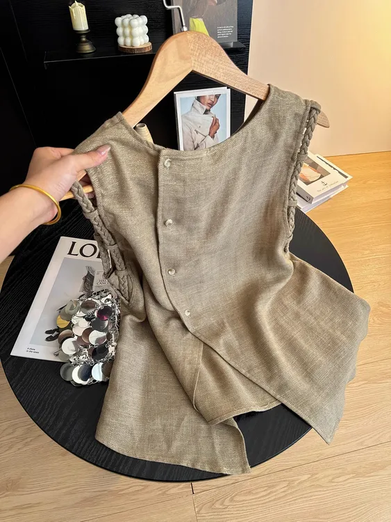 老钱风高端咖色手工编织无袖背心女夏季新款凉感透气宽松休闲上衣