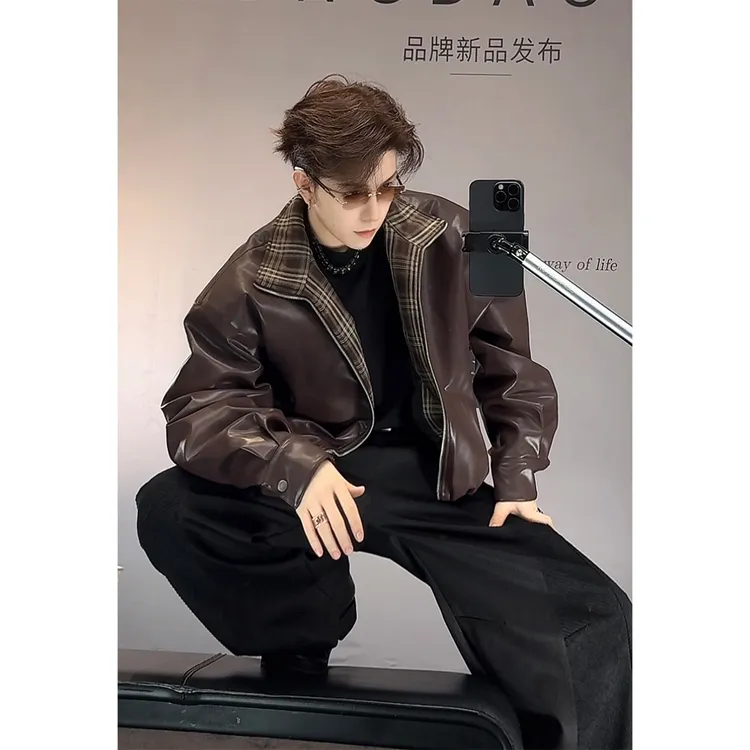 龙叨叨秋季新款潮流美式复古格子痞帅百搭立领机车夹克皮衣外套