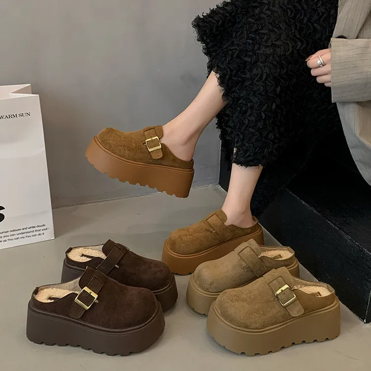厚底勃肯鞋女外穿2025新款秋冬加绒毛毛棉拖鞋一脚蹬博肯包头半拖