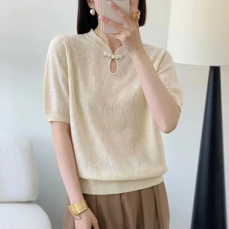 新中式短袖T恤女士夏装旗袍领盘扣针织衫新款时尚气质小衫女上衣