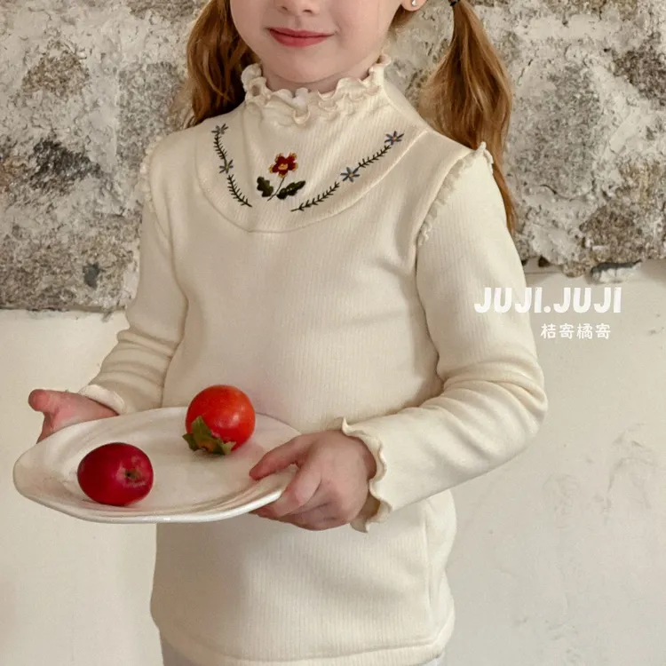 juji•橘寄上新【疏影】女童针织打底衫D8232儿童蕾丝时尚加绒半高领