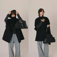 一三良品小个子 气质围巾黑色斗篷双面呢大衣女冬毛呢外套T5A74