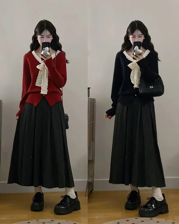 大码女秋季韩系套装蕾丝系带针织衫波点百褶裙两件套69335+80382