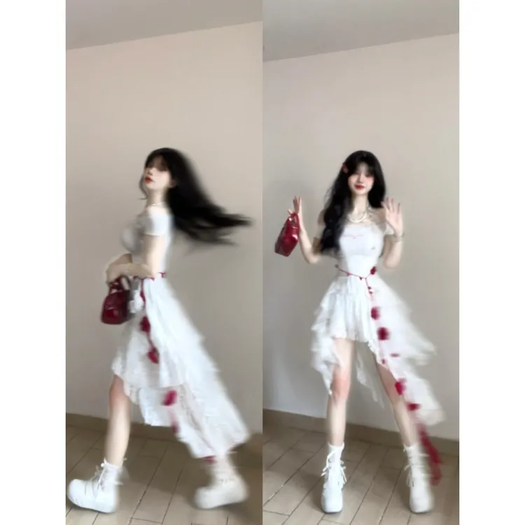 MARIE.COCO纯欲风白月光氛围感一字肩白色上衣不规则蕾丝短裙套装