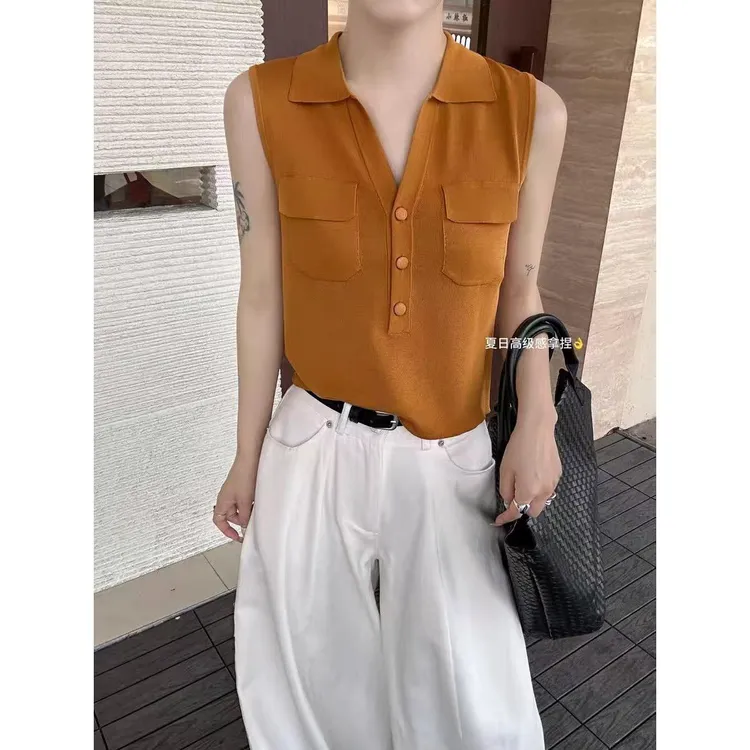 时尚休闲翻领针织背心女设计感小众夏日气质显瘦百搭无袖短款上衣