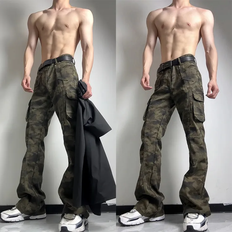 美式复古迷彩弯刀牛仔裤男款修身高个子系皮带裤子窄版工装微喇裤