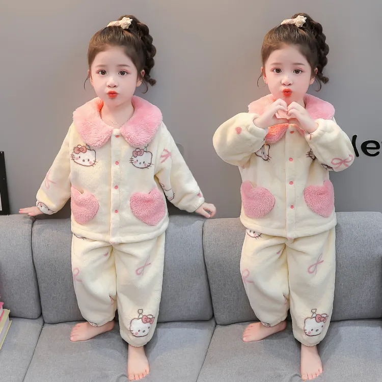 女童睡衣秋冬季法兰绒开衫套装女宝宝冬款公主风儿童珊瑚绒家居服