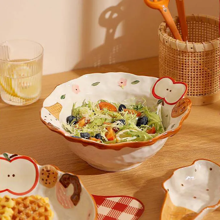 海派甜心手绘餐具可爱苹果双耳汤碗卡通釉下彩瓷碗拉面碗大容量