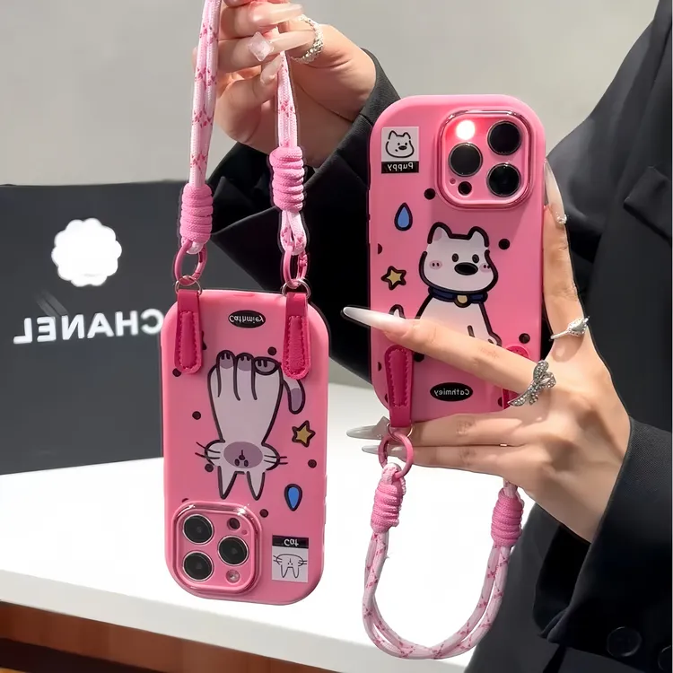 雅天立涂鸦猫咪小狗挂绳适用苹果17/16手机壳华为P70vivoppo小米