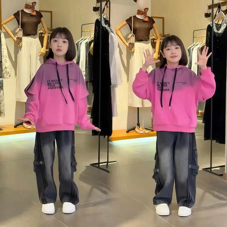 女童扎染连帽卫衣2025秋季新款中大童时髦街舞时髦工装裤套装潮搭