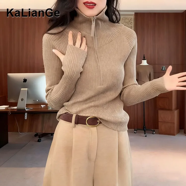 卡莲格/复古半拉链保暖针织毛衣女秋冬季纯色套头显瘦打底衫上衣