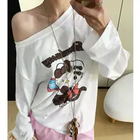 夏季斜领露肩卡通印花减龄薄款T恤女长袖防晒罩衫宽松上衣带挂件N