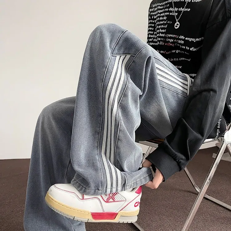 条纹黄泥牛仔裤男女款直筒宽松阔腿裤子男款潮牌美式复古拖地长裤