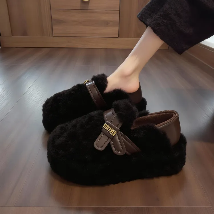 网红爆款毛毛鞋女外穿2025冬季新款厚底加绒棉鞋一脚蹬百搭豆豆鞋