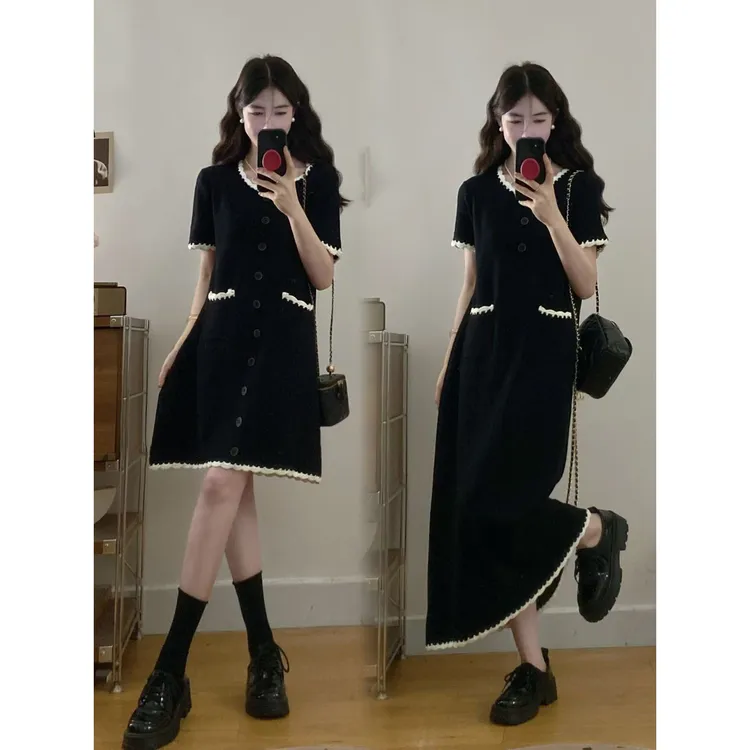 大码夏季新款显瘦简约百搭法式小香风撞色圆领短袖连衣裙