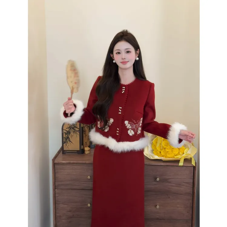【福气蝶蝶】<77>新中式蝴蝶刺绣毛呢羽绒外套+半身裙套装XMZH9954