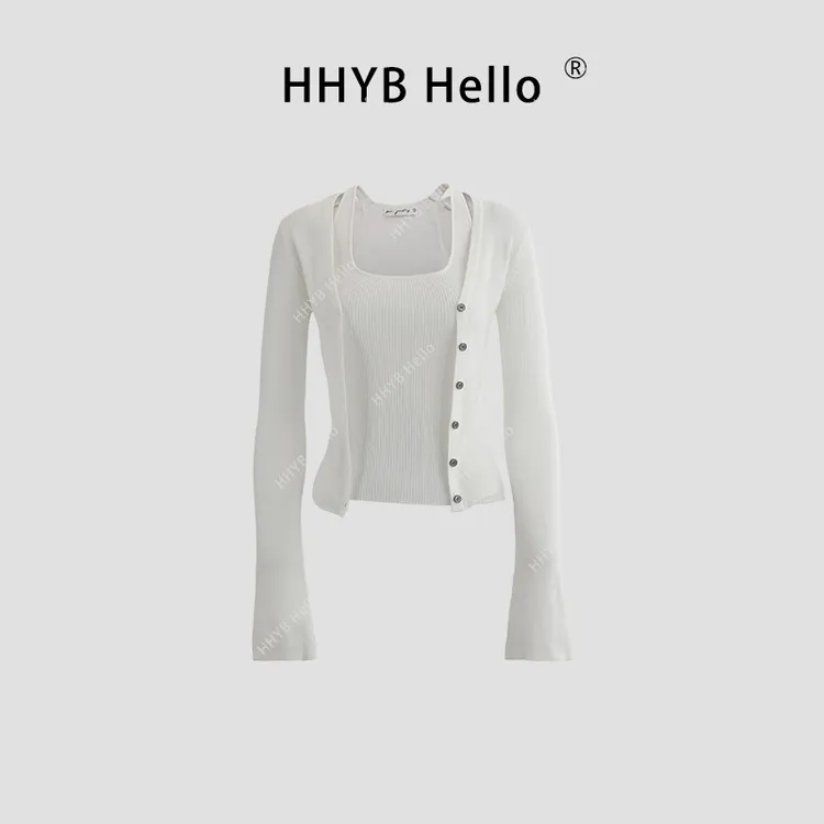 HHYB Hello【2025春季新款】设计感时尚百搭修身背心开衫套装QM676