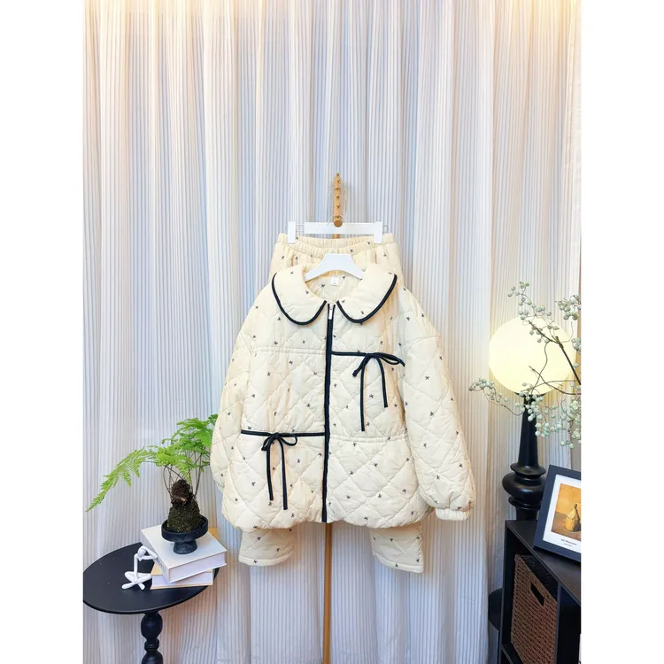 娃娃领蝴蝶结印花夹棉睡衣女冬季加厚菱格棉服外套保暖家居服套装