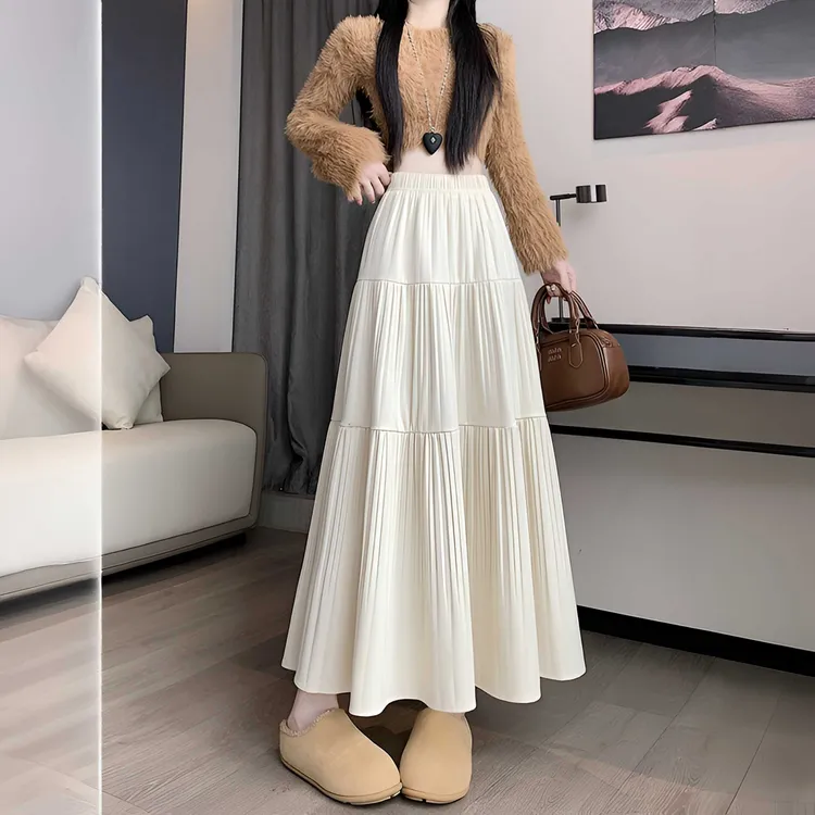 法式丝绒垂感百褶杏色半身裙秋冬新款高腰遮胯显瘦层层蛋糕裙子