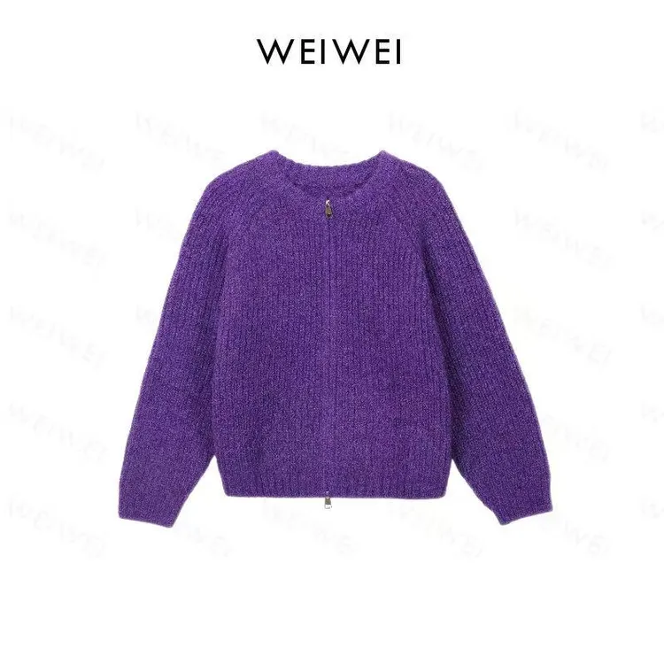 圆领纯色拉链针织开衫2723