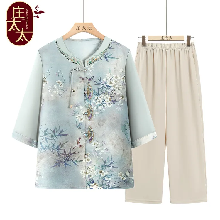老年人夏季国风衬衫女奶奶七分袖上衣中老年妈妈开衫宽松老人衣服