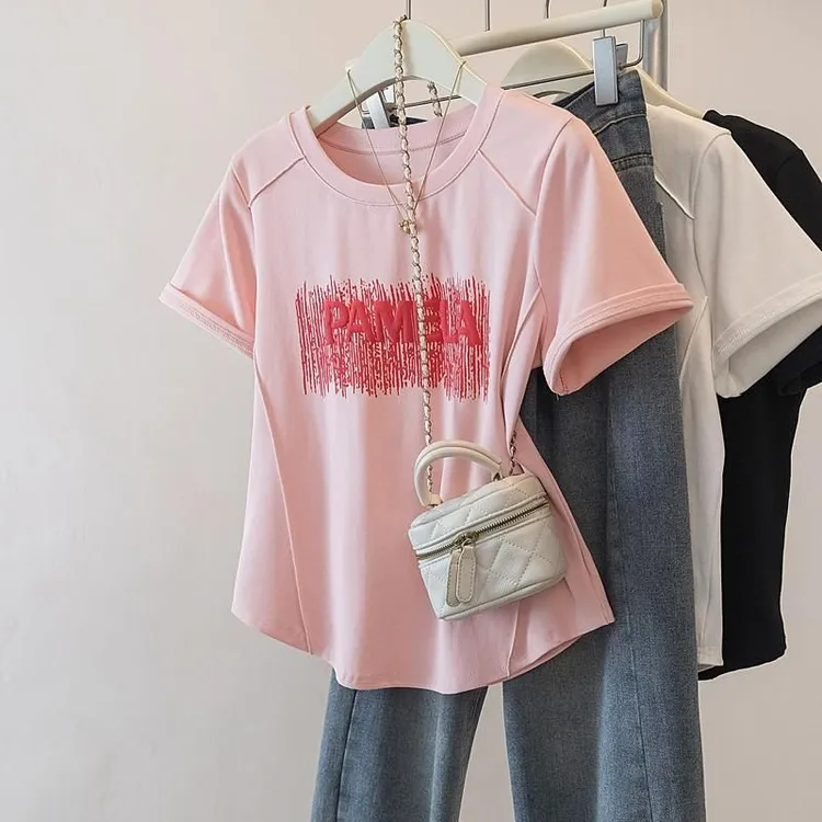 静奢风轻熟风刺绣短袖舒适T恤夏装夏季套装韩版设计感宽松显瘦