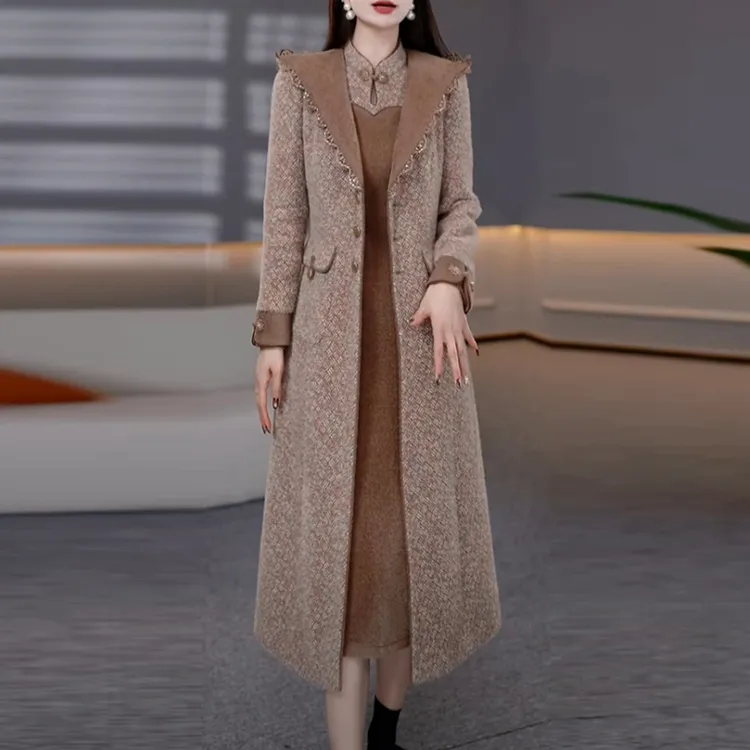 贵妃绒连帽加厚套装裙2025秋冬季新款氛围感中长款两件套连衣裙子