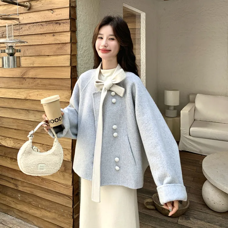 法式少女感蝴蝶结双面羊毛大衣女2025冬季新款文艺风减龄短款外套