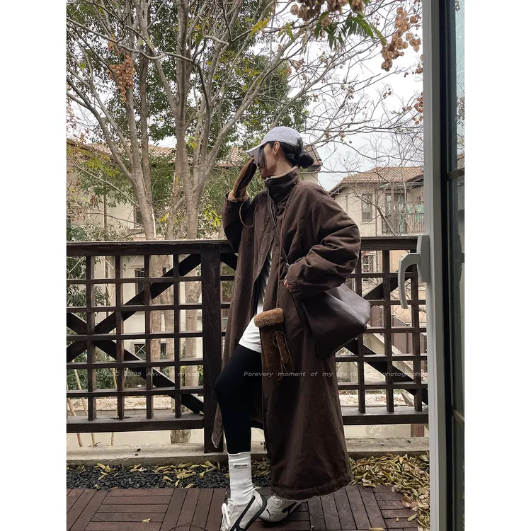 JCCC影子【棕曲流砂】100%棉做旧立领环保加绒长款风衣外套JE5PSR15