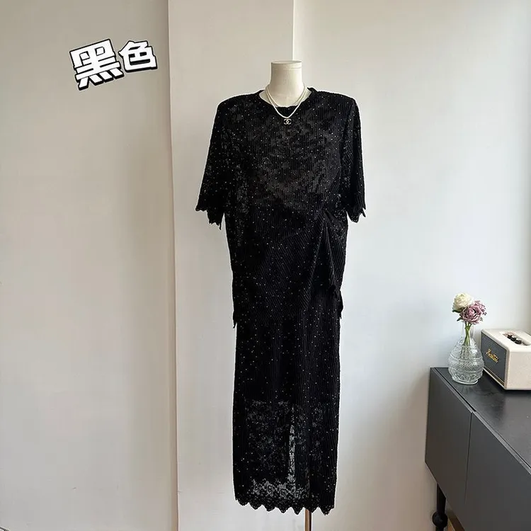 肉肉家胖mm重工烫钻开叉宽松透视百搭上衣高腰后开叉A字半身裙套