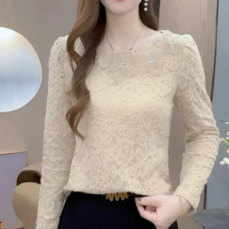 洋气磨毛蕾丝长袖打底衫女冬季2025新款百搭时尚修身保暖减龄上衣