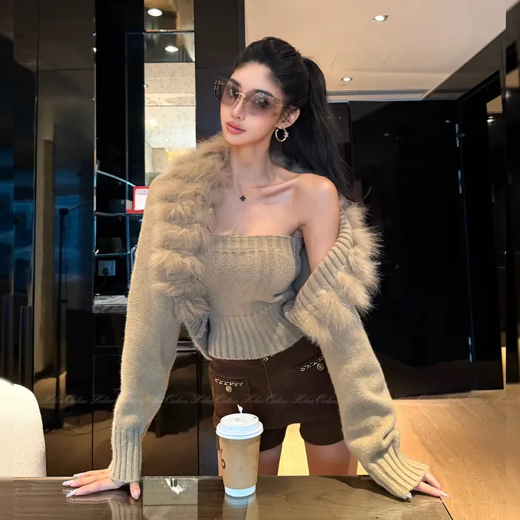 HELEN"冬日氛围感"狐狸毛针织衫秋冬显瘦保暖抹胸开衫两件套T248