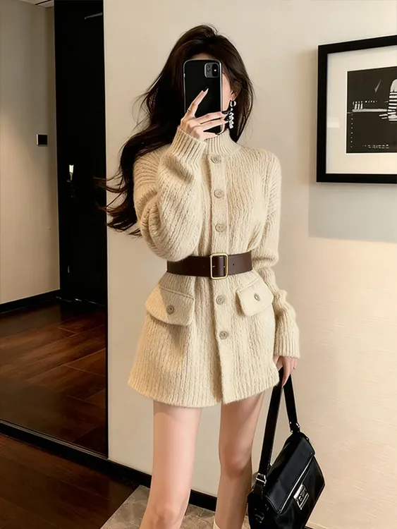 超好看冬装绝美巨显身材裙子韩系慵懒风气质卡其色掐腰针织连衣裙